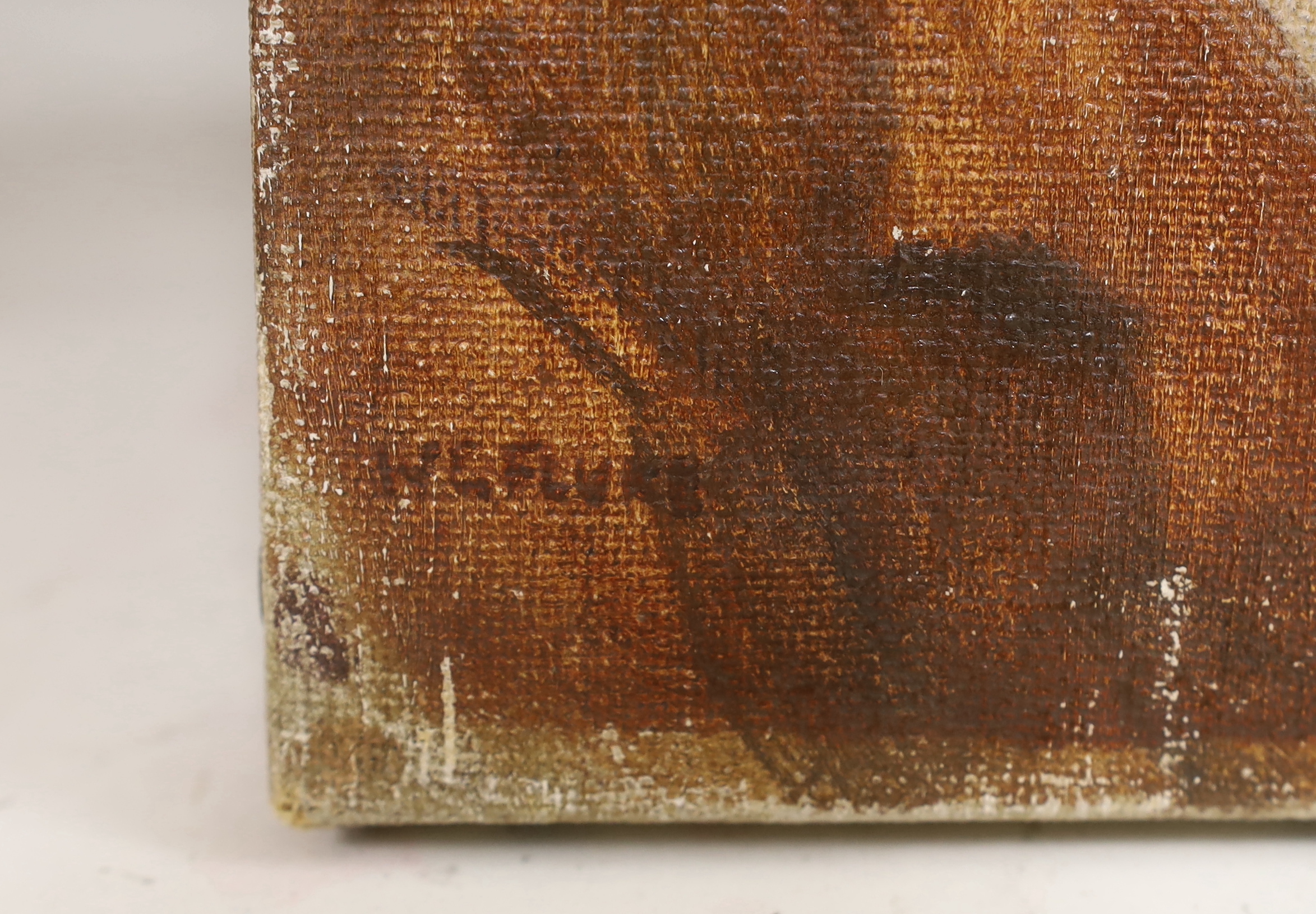 W. E. Flurt, oil on canvas, Head and shoulders portrait of a gentleman, indistinct stamp verso, signed, 30 x 23cm, unframed